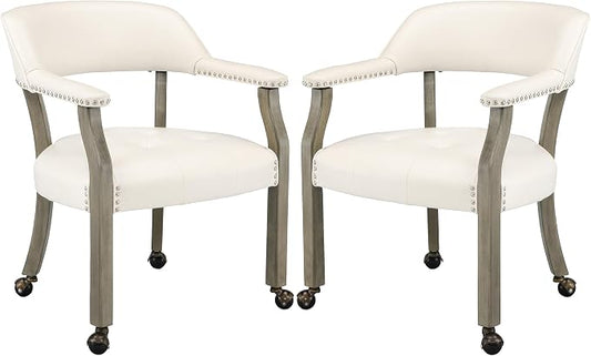 LEEMTORIG Set of 2 Large Dining Chairs with Casters and Arms, Rolling Dining Chairs with Wheels, Game Chairs, Solid Wood Boss Caption's Chairs, 26" D x 25.2" W x 31.5" H, Grey Legs & Ivory SY-1318-WT