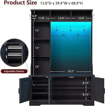 CSZZD Hall Tree with Bench and Shoe Storage, Farmhouse Entryway Bench with Coat Racks and Led Lights, Black Tall Hall Tree with 7 Coat Hooks, 6 Storage Cubbies, Adjustable Shelf