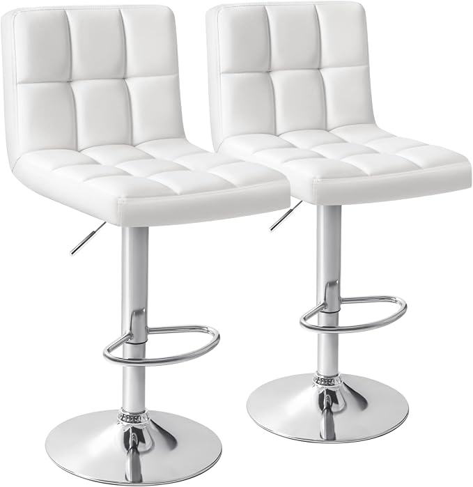 Homall Bar Stools Modern PU Leather Adjustable Swivel Barstools, Armless Hydraulic Kitchen Counter Bar Stool Extra Height Square Island Barstool with Back Set of 2 (Leather, White)