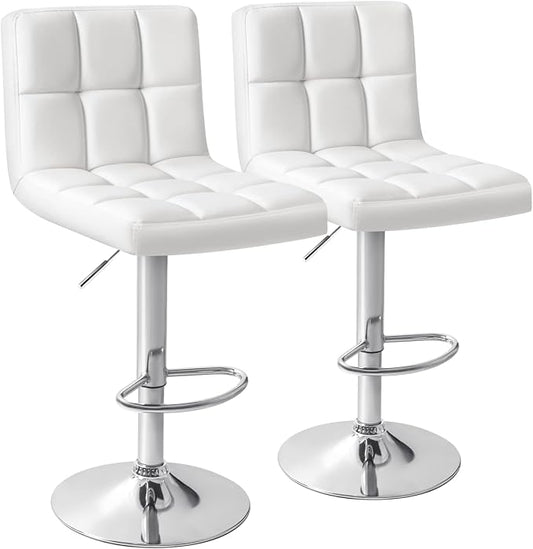 Homall Bar Stools Modern PU Leather Adjustable Swivel Barstools, Armless Hydraulic Kitchen Counter Bar Stool Extra Height Square Island Barstool with Back Set of 2 (Leather, White)