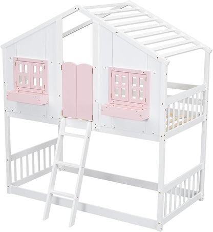 PVWIIK Twin Over Twin House Bunk Beds with Window Door & Roof, Solid Wood Playhouse Bunk Bed w/Window Box & Ladder,No Box Spring Needed & Space Saving for Boys and Girls, Pink/White