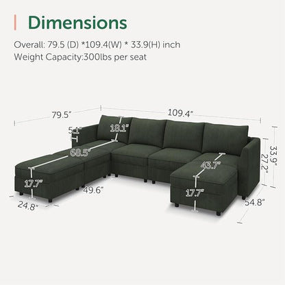HONBAY Modular Sofa U Shaped Sectional Couch with Storage, Convertible Modular Sofa 7 Seats Sectional for Living Room - Green