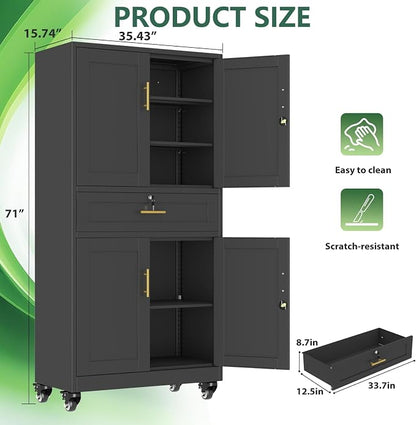 Lockable Metal Storage Cabinet, 71" Tall Black Cabinet with Wheels | Garage Storage Cabinet with Drawers, 3 Adjustable Shelves and Lock, Steel Construction – Suitable for Office, Home, School