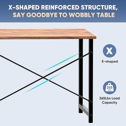 DUMOS 55 Inch Computer Office Desk Writing Gaming Study Work Large Desks for Bedroom Home Office with Metal Frame Simple Modern PC Table Workstation, Wood Brown