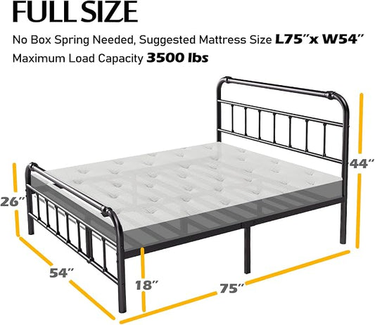 BOSRII Full Size Bed Frame with Headboard and Footboard, 18 Inches High, 3500 Pounds Heavy Duty Metal Slats Support for Mattress, No Box Spring Needed, Noise-Free, Black