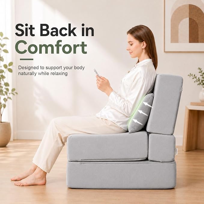 Folding Sofa Bed, Convertible Sleeper Chair with Pillow, Foldable Mattress & Back Support, Portable Floor Lounger Futon for Apartment, Dorm, Living Room, Bedroom, Gray