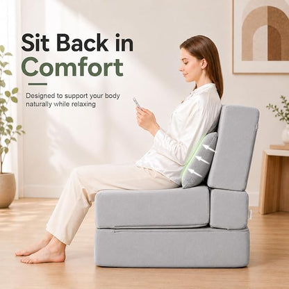 Folding Sofa Bed, Convertible Sleeper Chair with Pillow, Foldable Mattress & Back Support, Portable Floor Lounger Futon for Apartment, Dorm, Living Room, Bedroom, Gray
