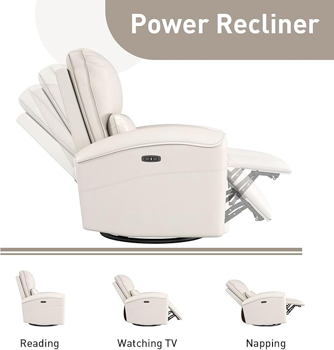 Bonzy Home Power Swivel Rocker Recliner Chair with USB Port, 23.2" Wide Seat, Fixed Lumbar Support, Upholstered Glider Chair for Nursery Living Room, Beige