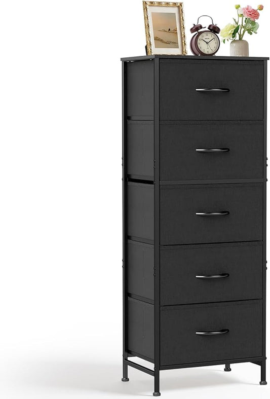 5 Drawers Dresser for Bedroom, Fabric Storage Tower Organizer with Wooden Top and Steel Frame, Tall Chest of Drawers for Closet, Entryway, Dorm, Black
