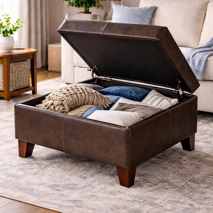 HomePop 28" Faux Leather Square Storage Ottoman - Brown