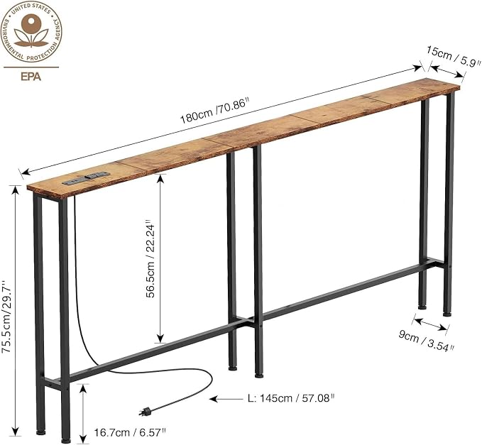 Keelian 70" Narrow Console Sofa Table - Power Outlets & 2 USB Ports, Metal Frame, Rustic Brown, Perfect for Hallway, Office, and Behind Sofa - Easy Assembly, 4.9' Extension Cord Included