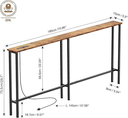 Keelian 70" Narrow Console Sofa Table - Power Outlets & 2 USB Ports, Metal Frame, Rustic Brown, Perfect for Hallway, Office, and Behind Sofa - Easy Assembly, 4.9' Extension Cord Included