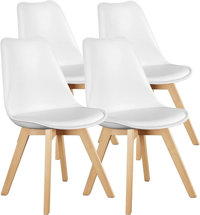 OLIXIS Dining Chairs Set of 4, Mid Century Modern Accent Chairs with Curved Backrest and Wood Legs, PU Leather Upholstered Kitchen Side Chair for Living Room, Bedroom, Outdoor Patio, White