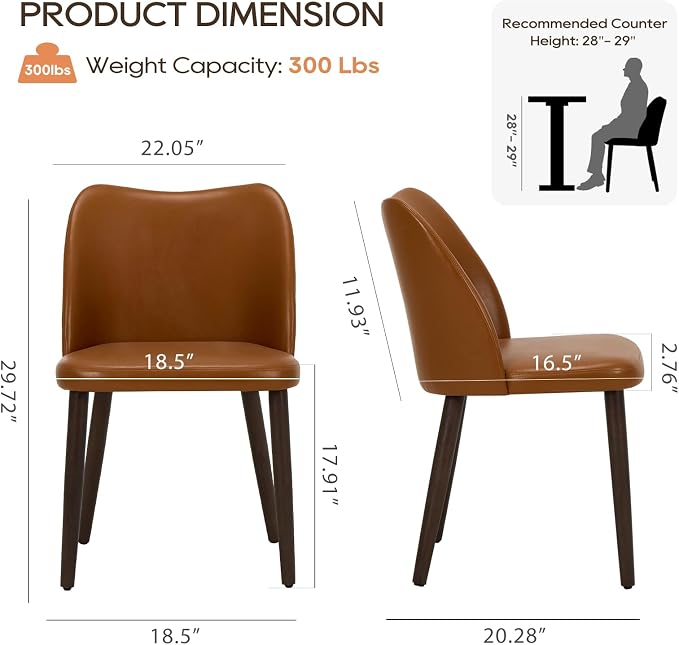COLAMY Dining Chairs Set of 2, Upholstered Leather Kitchen Chairs with Curved Back, Padded Seat and Solid Wood Legs, Modern Dining Chair for Kitchen Dining Room, Light Brown