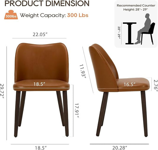 COLAMY Dining Chairs Set of 2, Upholstered Leather Kitchen Chairs with Curved Back, Padded Seat and Solid Wood Legs, Modern Dining Chair for Kitchen Dining Room, Light Brown