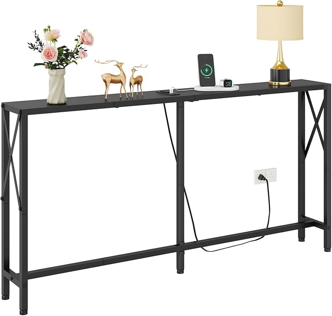 Gewudraw 55.1" Narrow Sofa Table, Console Table with Oulets & USB Ports, Entryway Table, Industrial Couch Table for Hallway, Living Room, Bedroom, 6.5 Feet Power Cord,Black