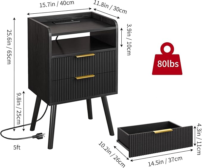 Fixwal Black Fluted Nightstand with Charging Station, LED Night Stand with 2 Wood Drawers for Bedroom, Modern Bedside Table, 15.7 x 11.8 x 25.6in