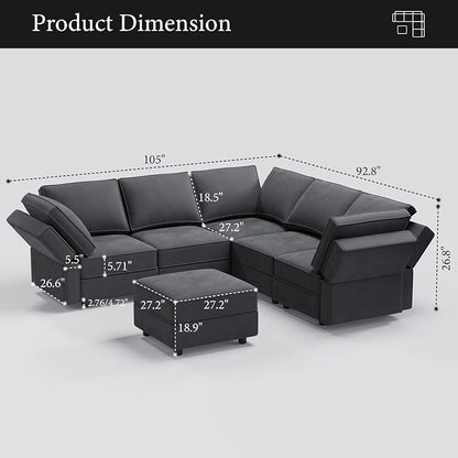 Vesgantti Sectional Couches with Storage Seats, 92" V Shaped Convertible Modular Sectional Sofa, 5 Seat & 1 Ottoman Velvet Storage Chaises Deep Seat Couch for Living Room, Bedroom, Apartment, Gray