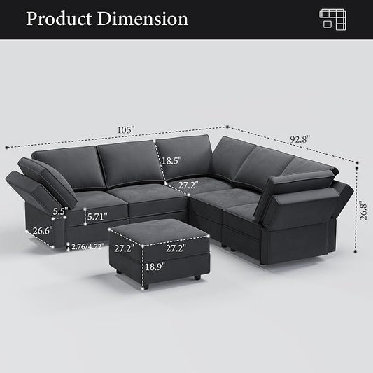 Vesgantti Sectional Couches with Storage Seats, 92" V Shaped Convertible Modular Sectional Sofa, 5 Seat & 1 Ottoman Velvet Storage Chaises Deep Seat Couch for Living Room, Bedroom, Apartment, Gray