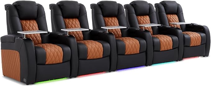Weilianda Home Theater Seating Top Grain Leather Zero Gravity Recliner Chair Power Headrest Recline Movie Seat Gaming 7 Colors Mood Light Sofa with Tray Table Row of 5 Black Camel