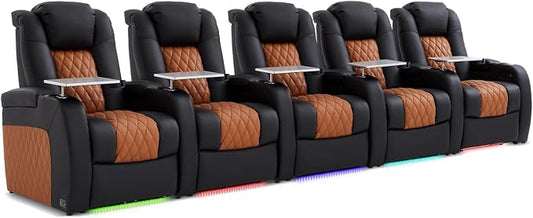 Weilianda Home Theater Seating Top Grain Leather Zero Gravity Recliner Chair Power Headrest Recline Movie Seat Gaming 7 Colors Mood Light Sofa with Tray Table Row of 5 Black Camel