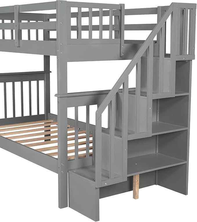 MERITLINE Twin Over Twin Bunk Bed with Storage Staircase, Solid Wood Stairway Convertible Bunk Bed with Stairs (Twin Over Twin,Grey)