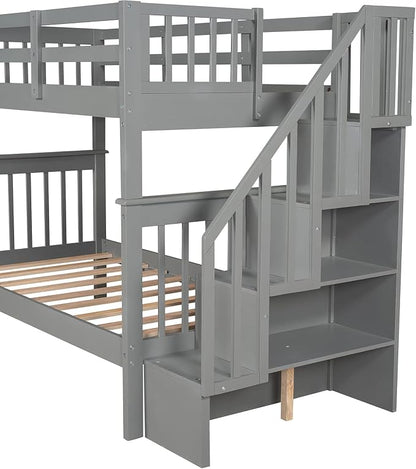MERITLINE Twin Over Twin Bunk Bed with Storage Staircase, Solid Wood Stairway Convertible Bunk Bed with Stairs (Twin Over Twin,Grey)