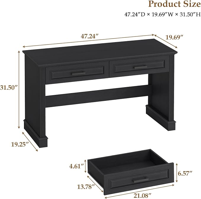 Vabches Farmhouse Executive Desk with Drawers, 48 Inch Simple Home Office Writing Desk, Computer Desk Workstation for Small Spaces, Bedroom Study Black
