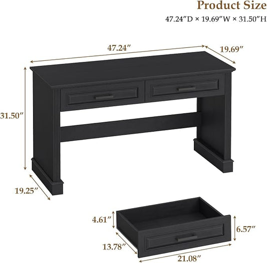Vabches Farmhouse Executive Desk with Drawers, 48 Inch Simple Home Office Writing Desk, Computer Desk Workstation for Small Spaces, Bedroom Study Black