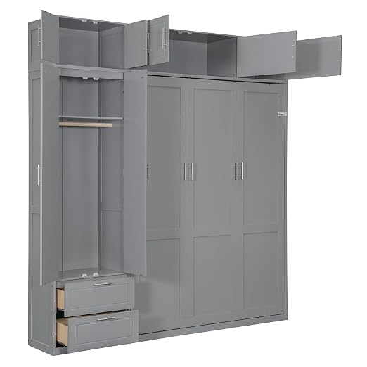 Murphy Bed Queen Size,Murphy Bed with Top Cabinet and Shelves,Space-Saving Multifunctional Hideaway Wall Foldable Bed w/Slat Support,Bedroom Folding Bedframe for Guest Room,Gray