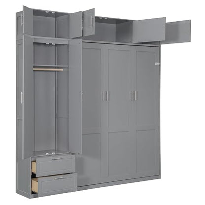 Murphy Bed Queen Size,Murphy Bed with Top Cabinet and Shelves,Space-Saving Multifunctional Hideaway Wall Foldable Bed w/Slat Support,Bedroom Folding Bedframe for Guest Room,Gray
