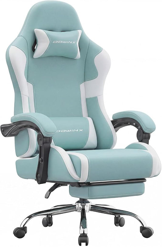 Dowinx Ergonomic Gaming Chair with Footrest & Massage Lumbar, 2D-Linkage Armrests for Computer Chair 330lbs with Headrest Pillow for Office, Home, Streaming and Long Gaming Sessions, Fabric Blue White