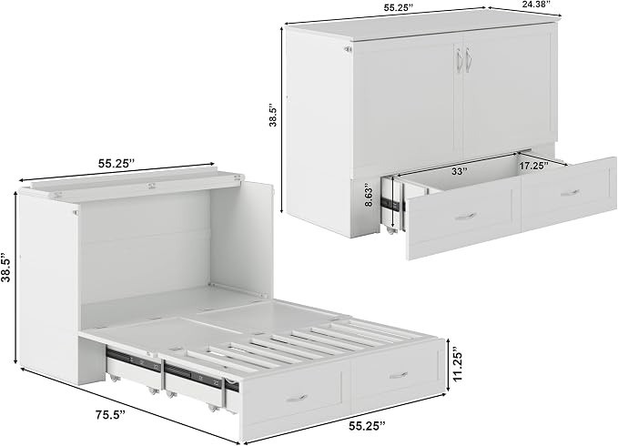 AFI Hamilton Full Murphy Bed Chest with Mattress, Storage, and Built-in Charger in White