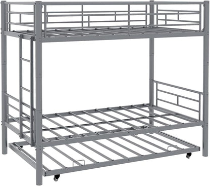 Metal Bunk Bed with Trundle, Space-Saving Bunk Bed Twin Over Twin with Ladders and Safety Guardrail, Heavy Duty Twin Bed Frames, No Box Spring Needed and Noise Free(Silver)
