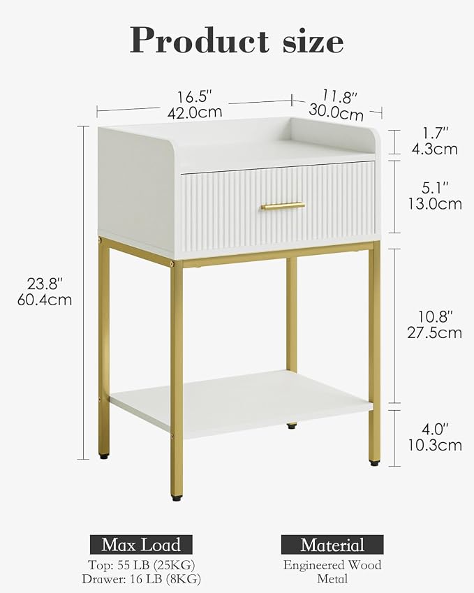 Night Stand, 3-Tier Bed Side Table, Small End Table, Nightstand with Open Shelf and Drawer, Bedside Table for Bedroom, Living Room, White