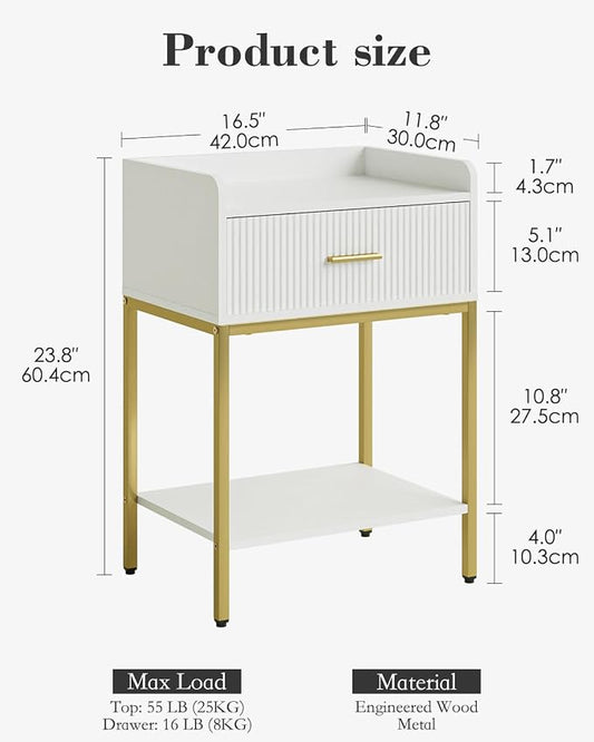 Night Stand, 3-Tier Bed Side Table, Small End Table, Nightstand with Open Shelf and Drawer, Bedside Table for Bedroom, Living Room, White