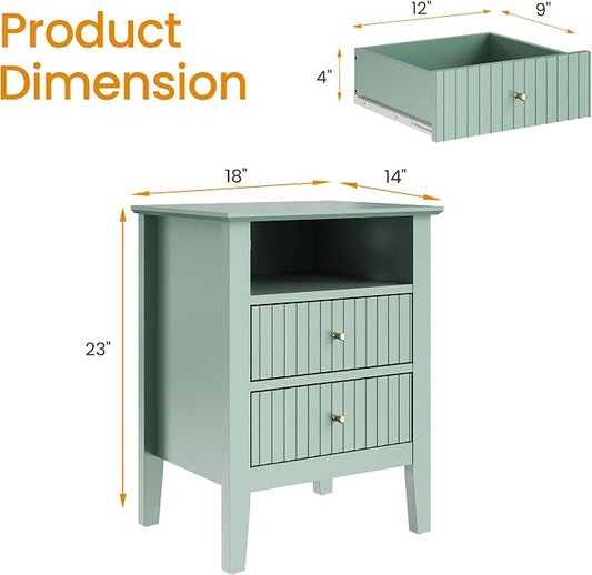 RoyalCraft Fluted Nightstand with 2 Drawers, Colorful Nightstand for Bedroom, Modern Wooden End Table with Storage for Small Spaces, Tall Side Sofa Table for Couch, Home Office, Milky Green