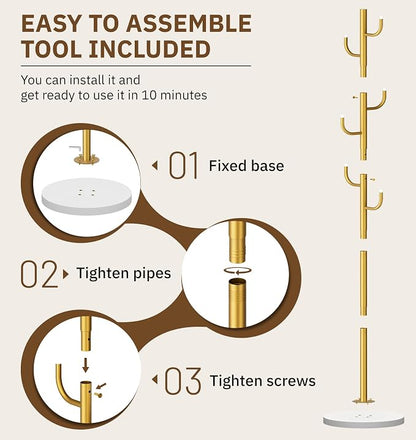 MISSLO Heavy Duty Coat Rack Freestanding 4 Adjustable Size Coat Tree with Stable Wood Base Coat Hanger Stand with 6 Hooks Standing Clothes Tree for Bedroom, Gold
