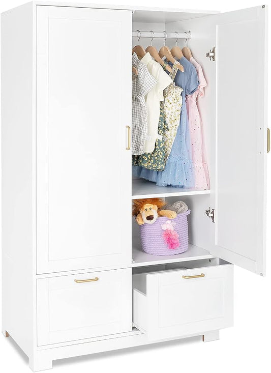 VINGLI 35" Wide White Armoire Wardrobe Closet with Adjustable Shelves and Drawers, Freestanding Closet Wardrobe Cabinet, Bedroom Armoires and Wardrobes with Doors for Kids' Room, Dorm