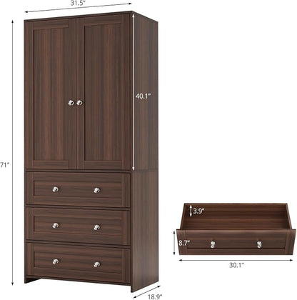VOWNER Armoire Wardrobe Closet with Drawers and Mirror, 71" Clothing Storage Cabinet with Hanging Rod, 2 Doors Wooden Wardrobe Cabinet for Bedroom, Large Capacity Storage