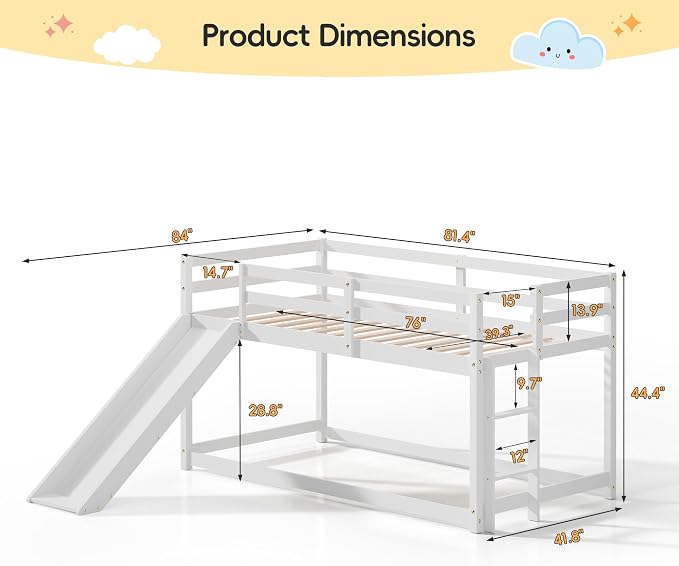 Bunk Bed with Slide, Wooden Bed Frame for Kids, Low Loft Bunk Bed Twin Over Twin with Ladders, Safety Guardrails for Kids, Toddlers, Boys, Girls, Teens, Bedroom (White)