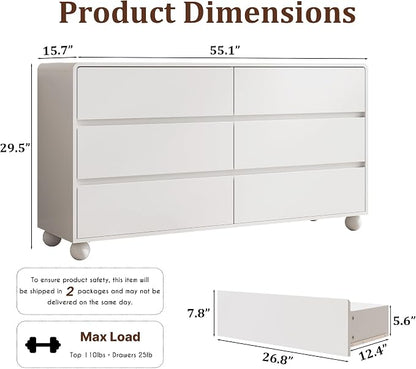 MAISONARIA Mid-Century 3-Piece Dresser Bedroom Set, 6 Drawer Dresser & 2 Drawer Nightstands with Curved Profile Design & Handle Free, Wood Chest of Drawers for Bedroom, Living Room, Hallway, White