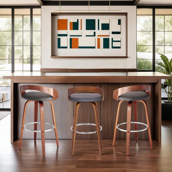 Armen Living Sonia 30" Bar Height Swivel Gray Faux Leather and Walnut Wood Bar Stool - Set of 2