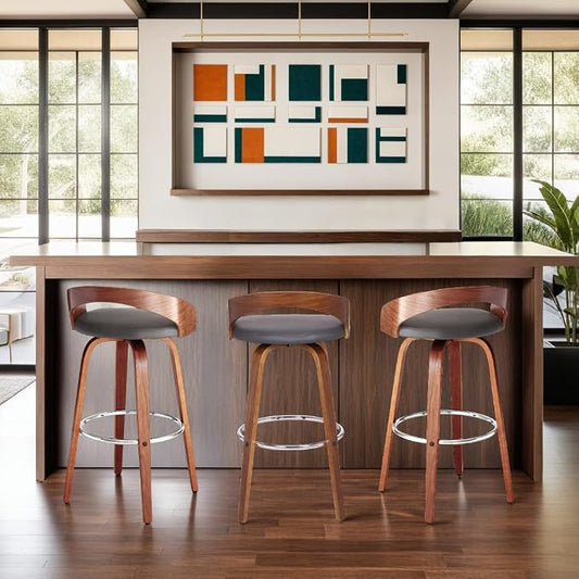 Armen Living Sonia 30" Bar Height Swivel Gray Faux Leather and Walnut Wood Bar Stool - Set of 4