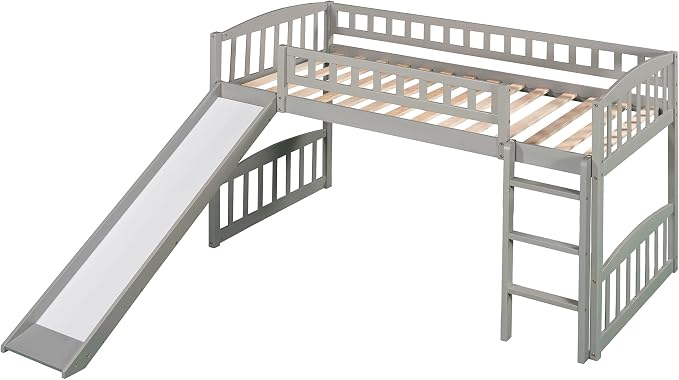 Twin Size Loft Bed, Wood Loft Bed with Slide and Ladder, Gray
