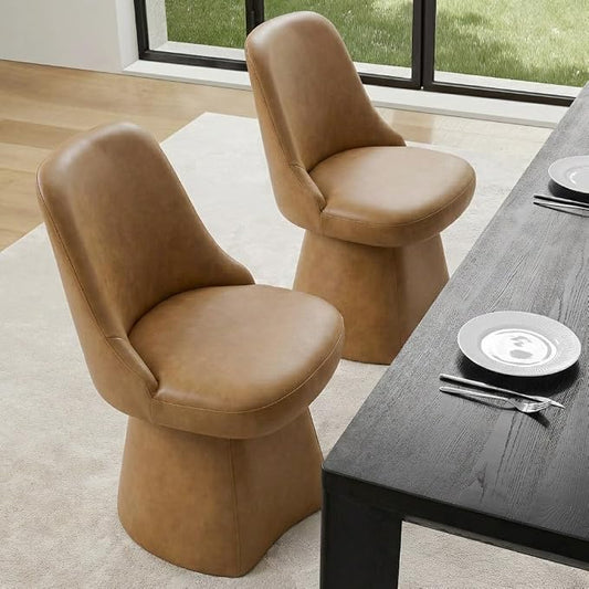 KISLOT Swivel Dining Chairs Set of 2, Upholstered Mid Century Modern Deskchair with High Back, Faux Leather Kitchen Chairs for Dining Room, Bedroom, Dressing Room, Brown