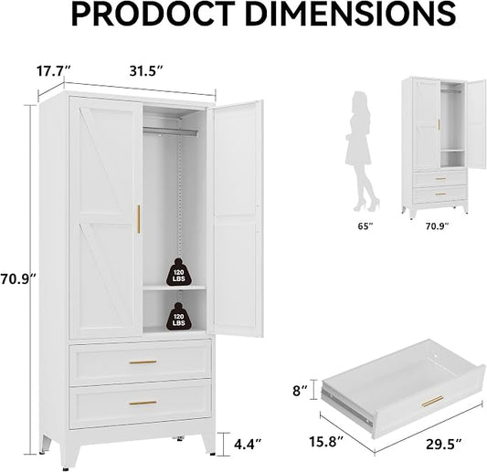 COFaR 71" Metal Wardrobe Closet with 2 Drawers & Hanging Rod, Freestanding Armoire Storage Cabinet with Adjustable Shelf and 2 Doors, White Steel Closet Organizer for Bedroom