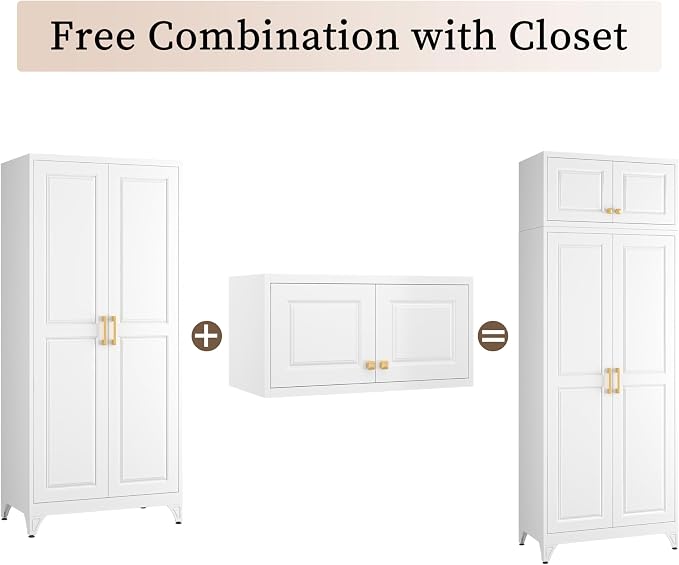 86" Metal Wardrobe Cabinets,Armoire Wardrobe Closet with Hanging Rod,Clothes Storage Cabinet with Adjustable Shelves and Doors,Clothing Cabinet for Bedroom, Laundry Room,Office