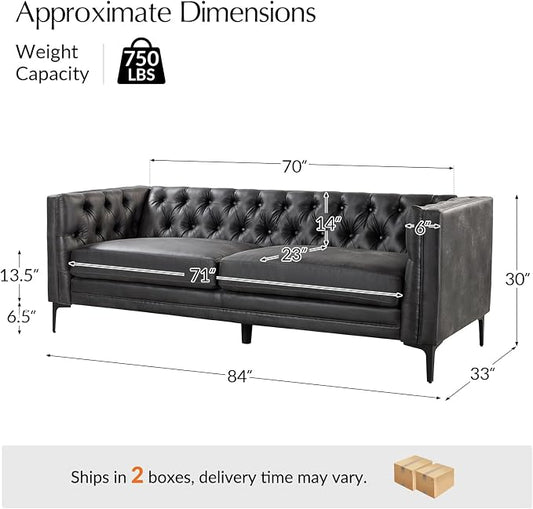 HULALA HOME 84" W Faux Leather Sofa Couch with Metal Legs, Button-Tufted 3-Seater Sofa, Mid Century Modern Contemporary Upholstered Couch for Living Room, Apartment, Charcoal