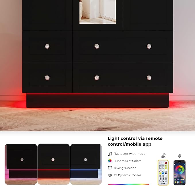 VOWNER Wardrobe Closet with 3 Doors Bedroom Armoire with Mirror & 4 Drawers | Large Capacity Storage Closet with LED Light and Hanging Rod for Bedroom, Black 47" L